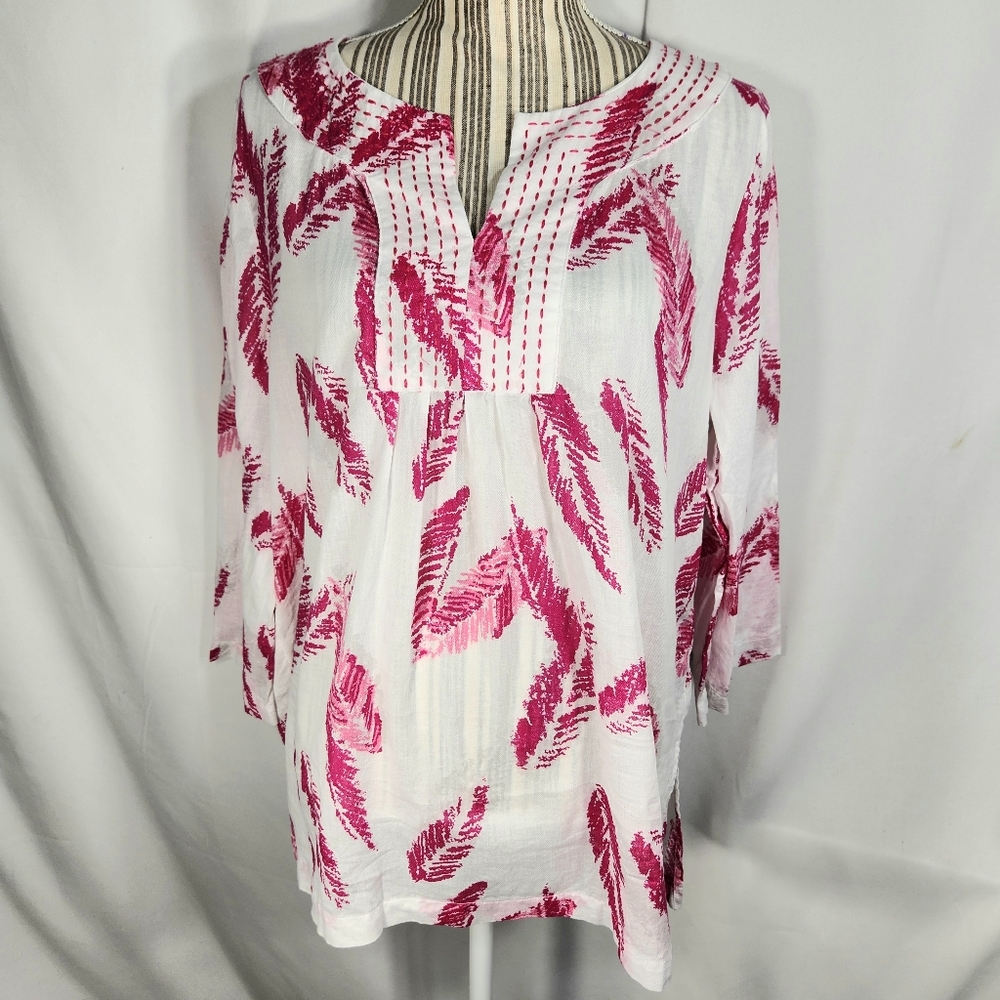 White Stag White Pink Leaf Print Stitch Accent Kaftan Neck Tunic Top Size Large